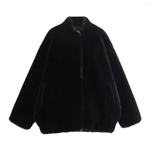 Женская меховая куртка 2024, осень-зима, женская искусственная бомбер с круглым вырезом и длинными рукавами, плюшевая куртка с запахом, черная шикарная уличная верхняя одежда, топ