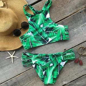 Bär varm High Neck Bikinis kvinnor badkläder tryckt grönt bladbandage baddräkt bikini set baddräkt brasiliansk biquinis gratis frakt