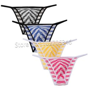 Men Stripes Mesh Bikini Underwear Male Open Crotch String Briefs Lingerie Grille Yarn Cheeky Brief Pants