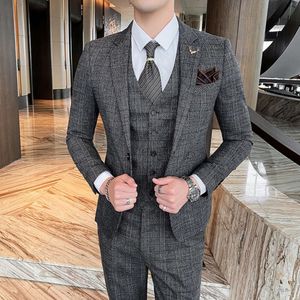 Autumn and Winter New Men's Thousand Bird Checker Korean Edition Suit Three Piece Set Slim Fit Single Button Suit Set for Men's Cross Border