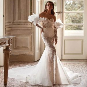 Modest Illusion Lace Mermaid Wedding Dresses Sweetheart Detachable Sleeve Bridal Gown See Thr Robe De Mariee