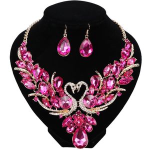 Luxury Gold Plated Rose Red Crystal New Collier Femme Double Swan Statement Necklace Earring For Women Party Wedding Jewelry Sets194S