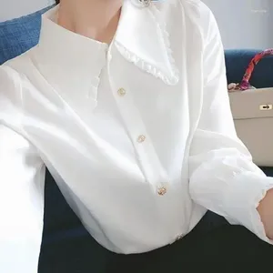 Blusas femininas manga comprida botão até camisa mulheres outono moda tops idade reduzindo chiffon boneca pescoço cobrindo barriga blusa branca coreana