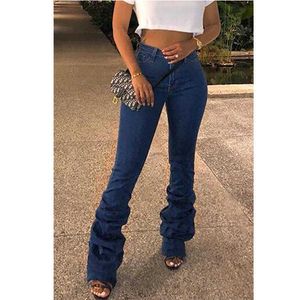 Women's Ruched Denim Blue High Wait Stacked Pants Autumn 2023 Y2k Women Clothing Streetwear Jeans Fashion Skinny Pockets Trousers T231023