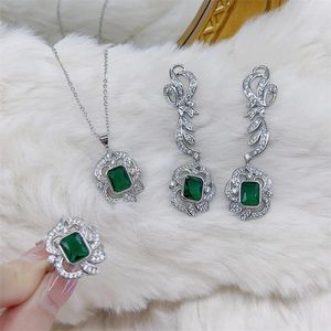 Necklace Earrings Set French High-end Retro Emerald Three-piece Ring Exquisite And Elegant 925 Sterling Silver Hypoallergenic