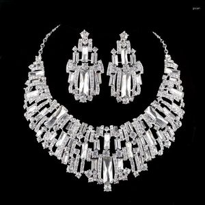 Collana orecchini set strass da sposa cristallo austriaco festa nuziale gioielli in pietra cubica placcata argento