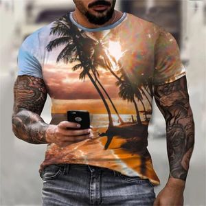 Herren-T-Shirts, Kokosnussbaum-Druck-T-Shirt, 3D-Strand-T-Shirts, tropischer Stil, Urlaub, kurze Ärmel, Straße, Freizeitkleidung