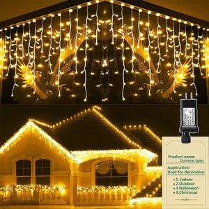 Outros suprimentos para festas de eventos Decorações de Natal 2024 Luzes ao ar livre 4MW * 0,6MH 8 modos Cortina Fada String Light Clear Fio LED String Light Ano 231218