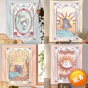 Śliczny kot Tarot Tobestry Wiszący Psychedeliczna Dekoracja Witchy Boho Sun Moon Star gobelin