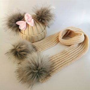 Caps Hats kids winter toddler baby faux fur butterfly ribbon tie hat cap beanie with 2 two double pom poms scarf ears for girl 231218