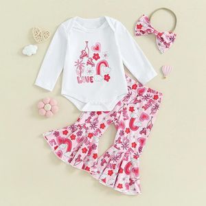 Clothing Sets Toddler Baby Girl Valentine's Day Clothes Letter Flower Print Long Sleeve Romper Flare Pants Bow Headband 3 Pcs Outfit Set