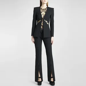 Calças femininas de duas peças sexy decote em v profundo projetado oco para fora cintura senhora sólida terno de escritório manga longa blazer fenda feminino 2 pçs