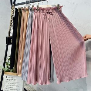 Capris sommar Autumn Korean Women Wide Leg Pants Lose Ruffles Chiffon Pleated Trousers Female Elastic High midja nio byxa 1892