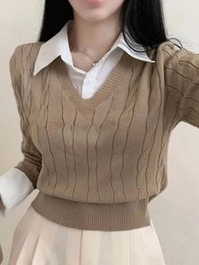 Maglioni da donna Autunno Pullover lavorato a maglia Donna Stile preppy Maglione falso in due pezzi Moda coreana Top a maniche lunghe Camicia elegante patchwork femminile 231218