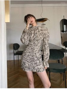 Casual Dresses Autumn Floral Mini For Women Korean Style Full Sleeve Folds Slim Bodycon Dress Elegant Female Bottoming