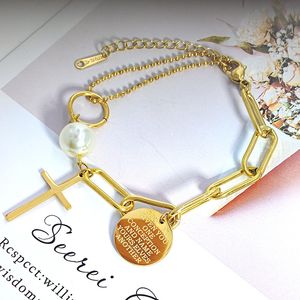 14k Yellow Gold Layered Golden Pendant Bracelet for Women Retro Punk Gothic Portrait Coin Cross Pearl Jewelry