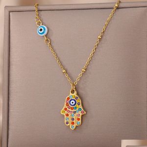 Colares Pingente Zircon Azul Evil Eye Pingente Colar Turco Fatima Mão Cadeia Gargantilha Colar Colares de Palma para Mulheres Jóias Drop Dhmur