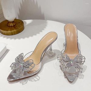 Slippers 2023 Women Summer High Heels Sexy Street Woman Crystal Bowknot Pointed Toe Dress Shoes PVC Transparent Sandals