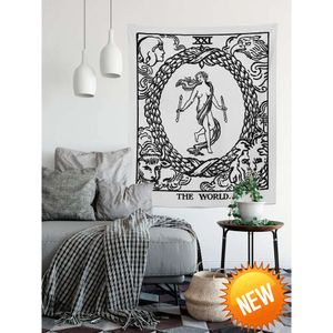 The World Tarot Card Tapestry - Rider Waite deck - The World Black and White TapestryHome Decoration