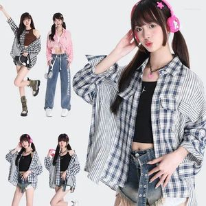 Women's Polos 2023 Women Clothing Sweet Pink Shirt Casual Long Sleeve Tops Y2K Loose Overshirts Patchwork Plaid Stripe Blouse Coat