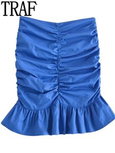 Sukienki Traf 2022 Ruffle mini spódnica kobiety Bodycon Ruched krótkie spódnice Kobieta wysoka talia ciasna niebieska spódnica Y2K Streetwear Summer