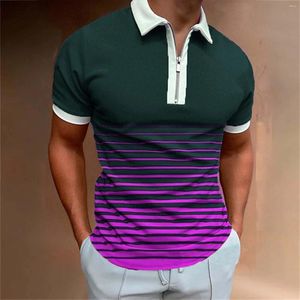 Men's T Shirts Short Sleeve Tops Slim Fit Male Stripe Print Turn Down Zipper Collar Blouse Summer Workout Sport