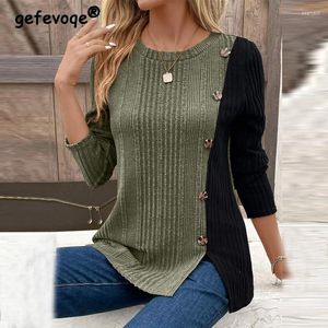 Kvinnors T-skjortor kläder Autumn Winter Vintage Contrast Color Button Split Elegant T-shirts Casual O Neck Long Sleeve Loose Tunika Tops