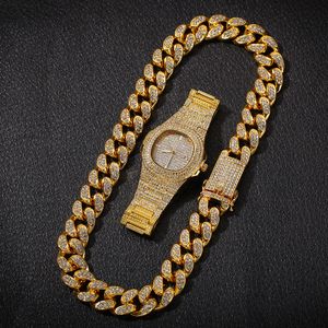 Neuankömmling Beliebtes 3-teiliges Set voller Diamant-Handuhr 20 mm vergoldetes Halsketten-Armband Herren-Hip-Hop-Schmuckset Direkt ab Werk Armbanduhren