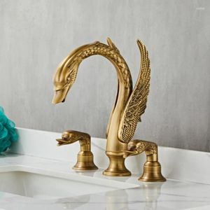 Rubinetti per lavandino del bagno Lusso 3 pezzi Design del cigno Rubinetto per lavabo dorato Maniglia in cristallo Rubinetto diffuso per acqua fredda nero/cromato