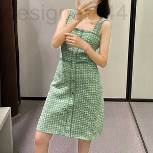 Basic & Casual Dresses designer S small checkered bra coarse tweed knitted dress, green strap vest, U-neck slim fit A-line skirt MWIV