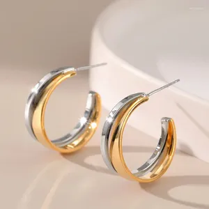 Hoop Earrings Contrast Color Design American Gold And Silver Double Crossed Personalized Metal Texture Trendy For Women