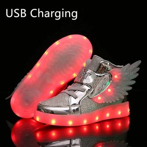 Athletic Outdoor Primavera Moda Bambini Luminoso Glowing Sneakers Bianco Rosa Led Light Scarpe per bambini Ragazzi Ragazze Ala Ricarica USB 231218