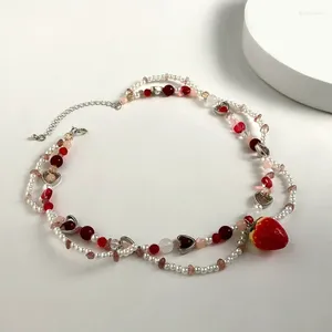 Pendanthalsband Delikat Strawberry Heart Necklace Sweet Layer Imitation Pearl Choker CLAVICLE CHEAND SMEEXKE GIFT