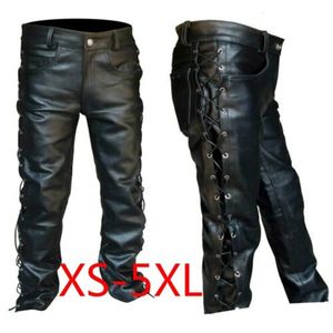 Pantaloni da uomo in pelle con lacci Moto Punk Nero per uomo Moda Inverno Abbigliamento grande e alto Pantaloni Pantalon Homme 231218