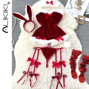 Mulheres sleepwear sexy lingerie vestido de natal erótico transparente laço vermelho cosplay trajes senhoras babydoll para presentes