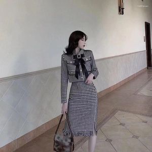 Work Dresses Autumn Fragrant Fried Street Celebrity Set Thousand Bird Plaid Temperament Coat Split Half Skirt Two Piece For Women