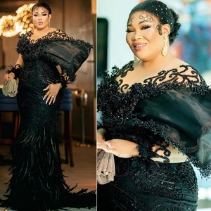 Luxurious Aso Ebi Prom Dresses Feather Black Mermaid Lace Beaded Evening Dress for Special Occasions African Arabic Black Women Promdress Wear Outfit ST662