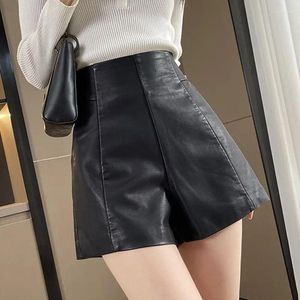 Frauen Shorts 2023 Frauen Hohe Taille Leder Herbst Winter A-Linie Slim-Fit Breite Bein PU Hosen Weibliche mode Schwarz Boot