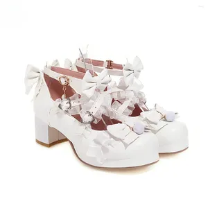 Dress Shoes Cross Strap Women High Heels Mary Jane Pumps Wedding Tea Party White Pink Black Ruffles Bow Maid Princess Cosplay Lolita