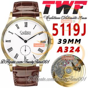 TWF Calatrava 5119J A324 Automatik-Herrenuhr, 39 mm, geriffelte Stahllünette, weißes Zifferblatt, römische Markierungen, Gelbgoldgehäuse, Lederarmband, Super Edition, trustytime001Watches