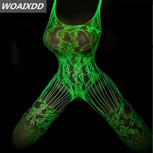 Set Sexy Set Luminous Sexy Lingerie Bodysuits Teddies Women Erotic Mesh Full Body Stockings Open Crotch Elasticity Fishnet Porno Sex C