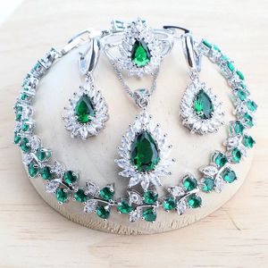 Наборы свадебных украшений Sier, комплект свадебных украшений с зеленым цирконом, браслеты для женщин, серьги с камнями, кольцо, кулон, ожерелье