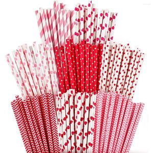 Disposable Cups Straws 200Pcs Valentine Day Paper Mixed 8 Designs Drink Decorated Wedding Birthday Party Supplies