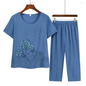 Women's Two Piece Pants Sets Women Outifits Short Sleeve Top Set Long Flower Print Grandma Mid-aged Summer