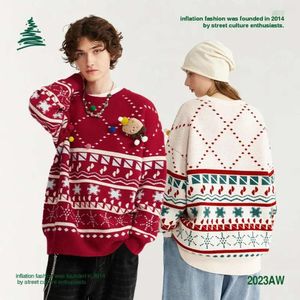 Suéteres masculinos IATION Vermelho Natal Unissex Trendy Funny Bear Patched Knit Snow Pattern Jumpers