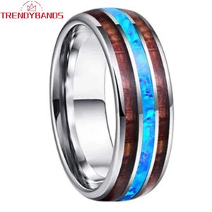 Anéis de banda 8mm anéis de casamento de carboneto de tungstênio para homens wemen multicolor opala chip koa madeira inlay noivado polido acabamento conforto ajuste 231218