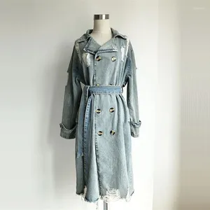 Women's Trench Coats Spring Mid-length Women Vintage Light Blue Frayed Hole Denim Coat With Belt Loose Casual Lapel Long Sleeve Windbreaker