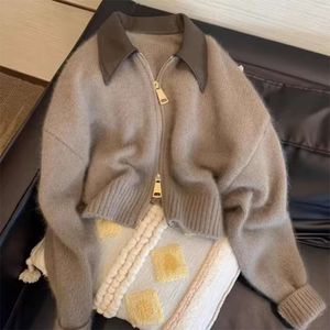 Design Inspired Patchwork Leather Collar Double Zipper Knit Sweater for Women's 2023 Autumn/winter New Soft and Unique Vintage Top