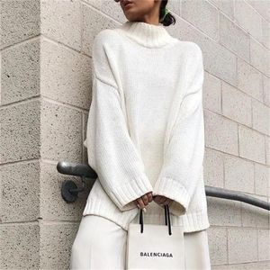 Women's Sweaters White Knitted Sweater Top Mock Neck Pullover Long Sleeve Side Slit Knitwears Fashion Women Autumn Winter Loose Jersey Pull