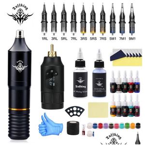 Tattoo Machine Tattoo Hine Kit Wireless Mini Strömförsörjning Batterisrotarie Set med patronnålar för nybörjare leveranser Drop Del Dhtei